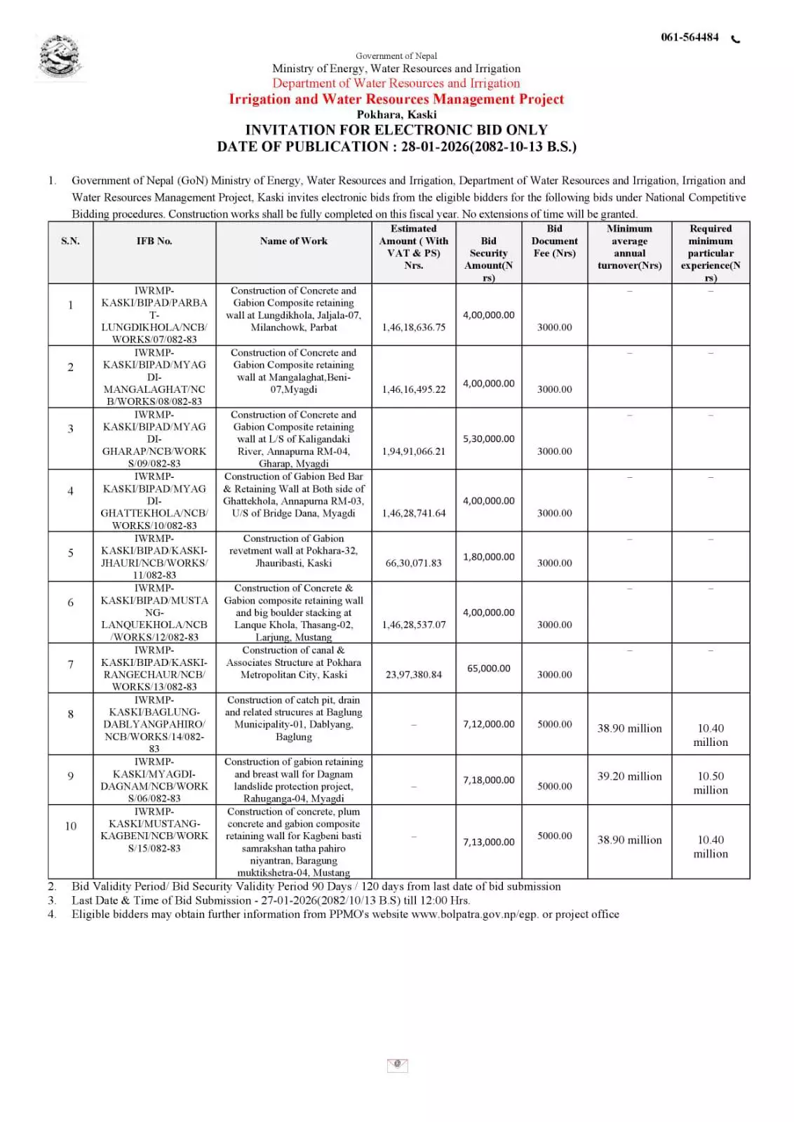 म्याग्दीमा एकैपटक चार वटा बस्ती संरक्षण आयोजनाका लागि ठेक्का
